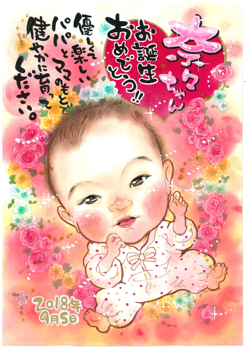ピンクの背景の花の中の女の赤ちゃん